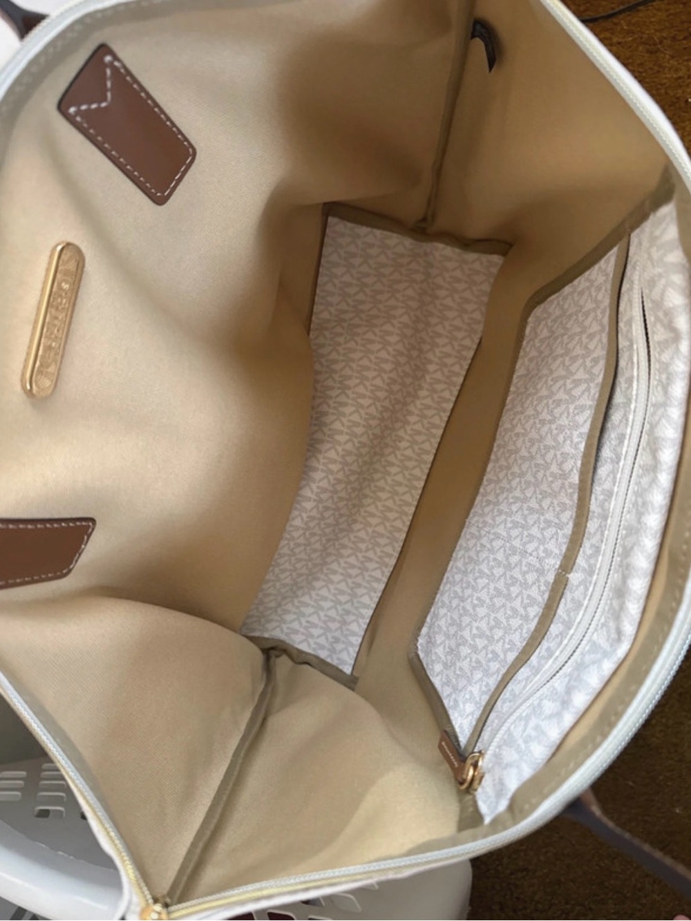 Michael Kors White Tote with Yellow Center Stripe and Brown Handles - Picture 3 of 4